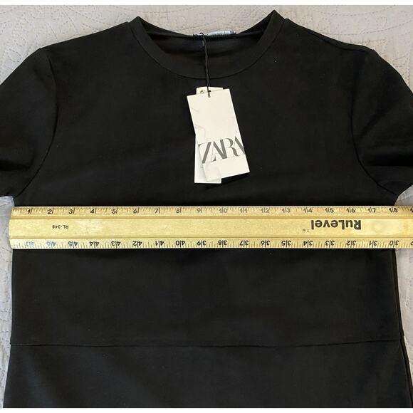 NWT Zara Sz S Faux Suede Black Shift Dress Short Slv Gold Buttons - Picture 11 of 12